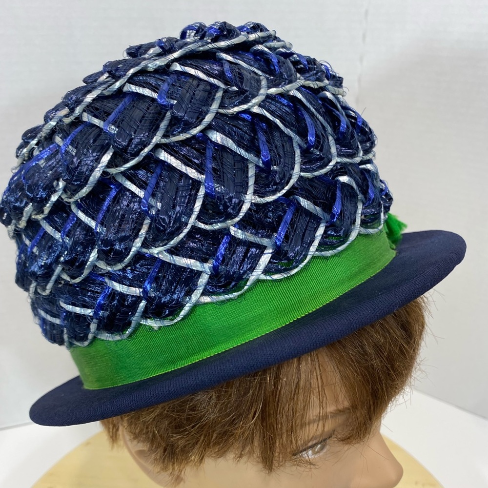 1950s Derby Bowler vintage hat Impeccable Blue leaf cello straw silver trim
